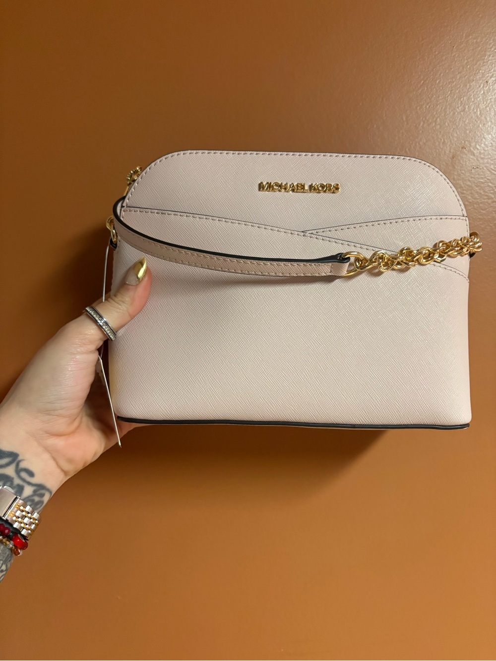 Michael Kors Saffiano Leather Dome Crossbody Bag in Powder Blush Pink